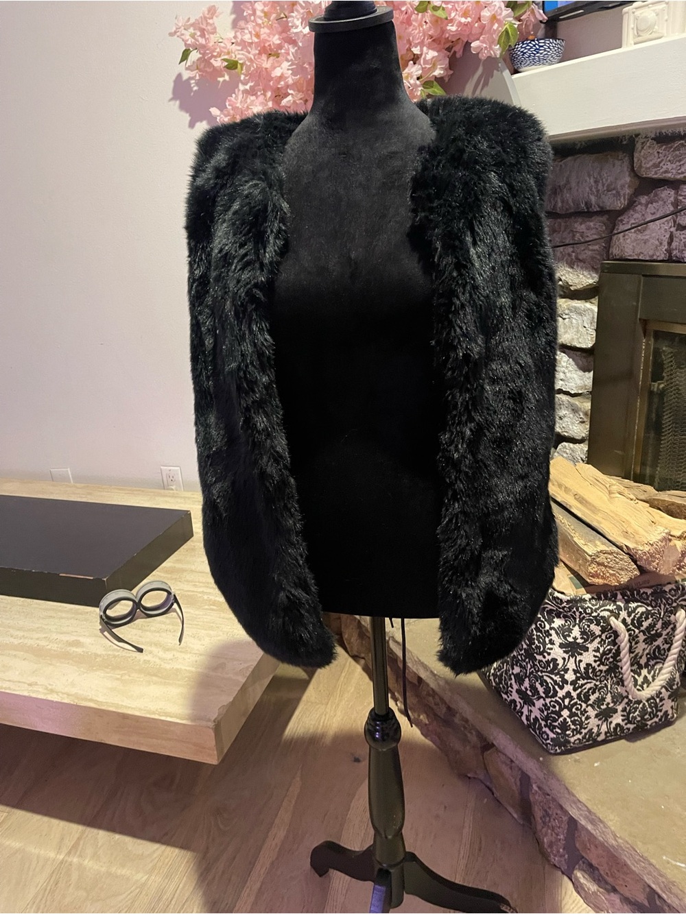 Aldo Black Plush Open-Front Faux Fur Teddy Coat